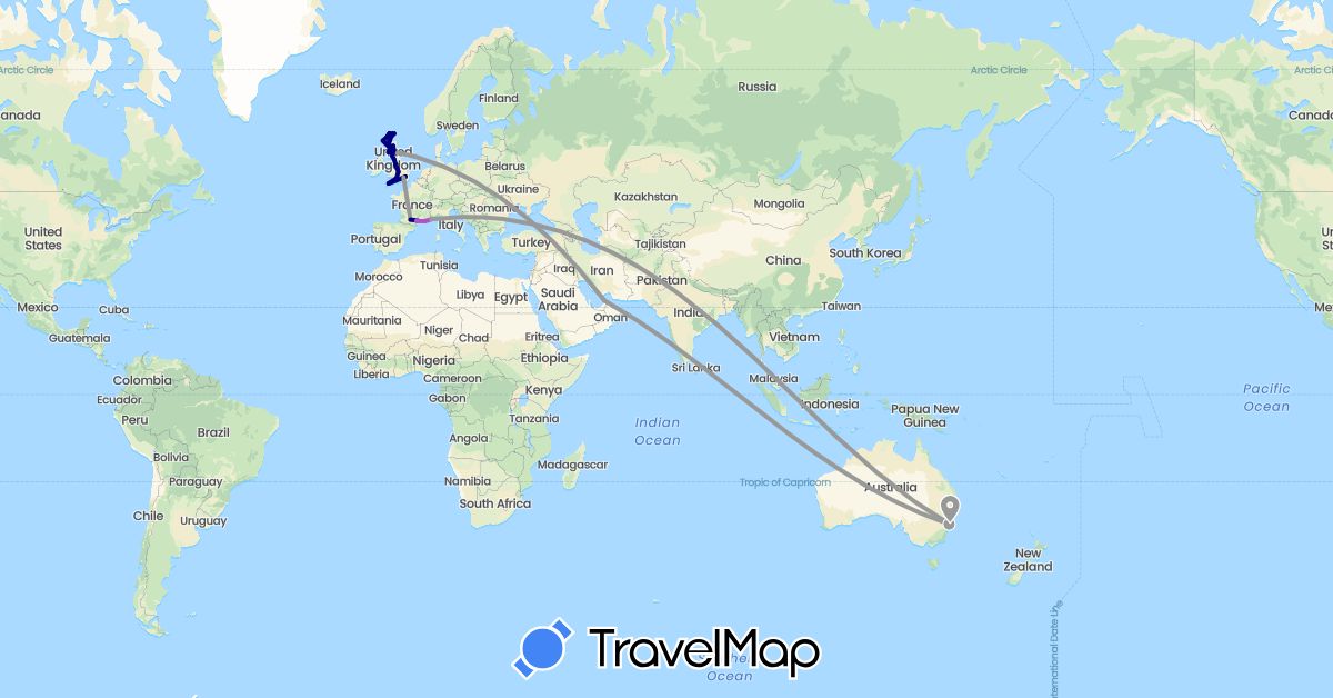 TravelMap itinerary: driving, plane, train in United Arab Emirates, Australia, France, United Kingdom (Asia, Europe, Oceania)